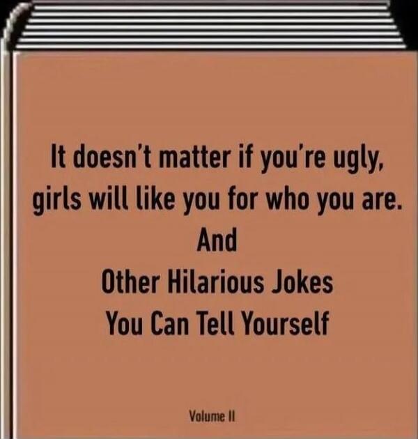 It doesn’t matter if you’re ugly, girls will like you for who you are. And Other Hilarious Jokes You Can Tell Yourself
Volume II