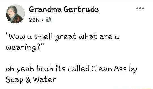 Grandma Gertrude 22h Wow u smell great what are u wearing oh yeah bruh its called Clean Ass by Soap Water