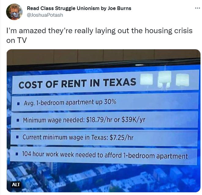 Read Class Struggle Unlonism by Joe Burns Im amazed theyre really laying out the housing crisis onTV COST OF RENT IN TEXAS H Avg Vhedwamauavlmen up30 Minimum wage needed 1879hr or 39Kyr i Current minimum wage in Texas 725hr 104 hour work week needed to afford 1 bedroom apartment