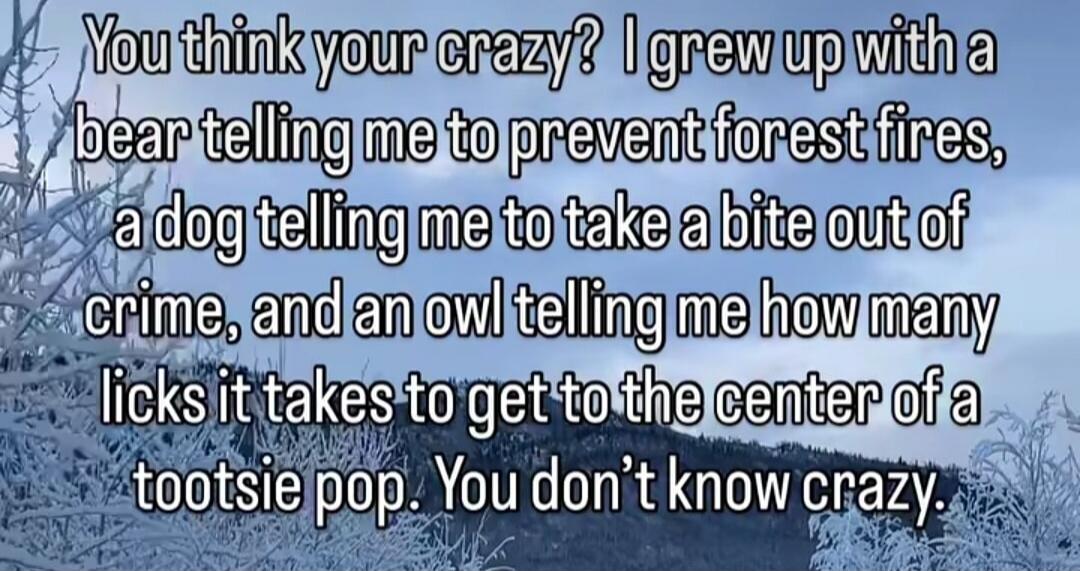 You think your crazy? I grew up with a bear telling me to prevent forest fires, a dog telling me to take a bite out of crime, and an owl telling me how many licks it takes to get to the center of a tootsie pop. You don't know crazy.