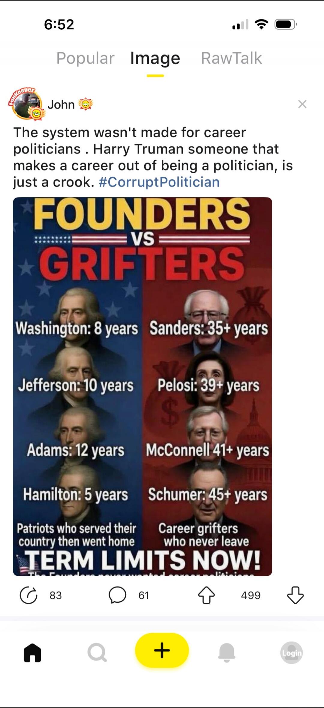 The system wasn't made for career politicians. Harry Truman someone that makes a career out of being a politician, is just a crook. #CorruptPolitician FOUNDERS VS GRIFTERS Washington: 8 years Jefferson: 10 years Adams: 12 years Hamilton: 5 years Patriots who served their country then went home Sanders: 35+ years Pelosi: 39+ years McConnell: 41+ yea