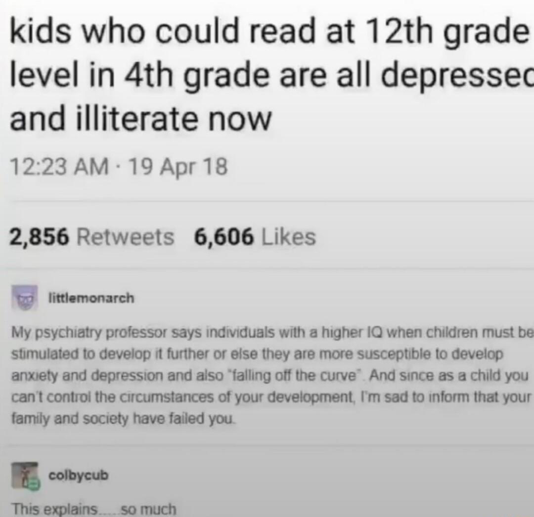 kids who could read at 12th grade level in 4th grade are all depressec and illiterate now 1223 AM 19 Apr 18 2856 Retweets 6606 Likes i tttemonarch My psychiatry proflessor says indwiduals with a higher 1Q when chikdren must be stimuiated 1o develop urther of eiss hey are more susceptibie to develop anwety and depression and aiso fallng off the curve And since as a chid you can contro the circumsta
