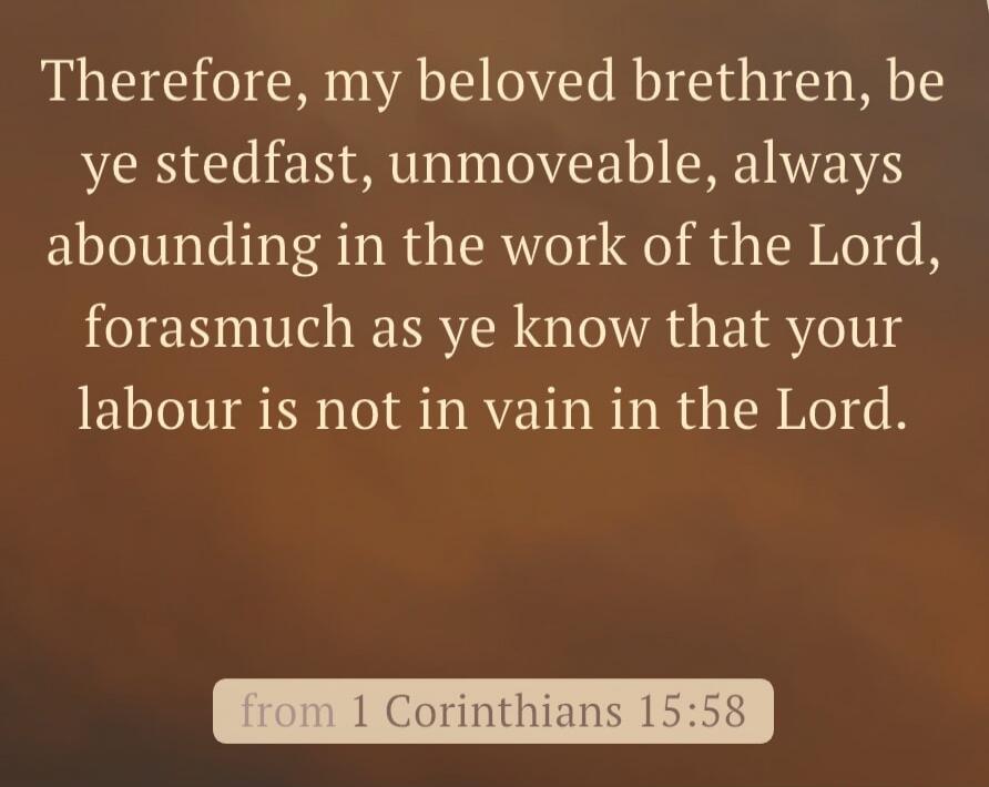 Therefore, my beloved brethren, be ye stedfast, unmoveable, always abounding in the work of the Lord, forasmuch as ye know that your labour is not in vain in the Lord. from 1 Corinthians 15:58