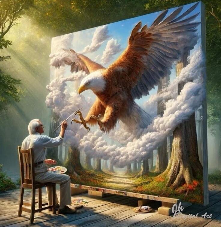An elderly artist wearing white clothes sits on a wooden deck and paints a gigantic eagle soaring among clouds on a large canvas.