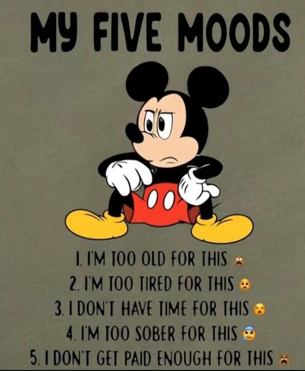 MY FIVE MOODS
1. I'M TOO OLD FOR THIS 🧓
2. I'M TOO TIRED FOR THIS 😴
3. I DON'T HAVE TIME FOR THIS 😩
4. I'M TOO SOBER FOR THIS 🥶
5. I DON'T GET PAID ENOUGH FOR THIS 💸