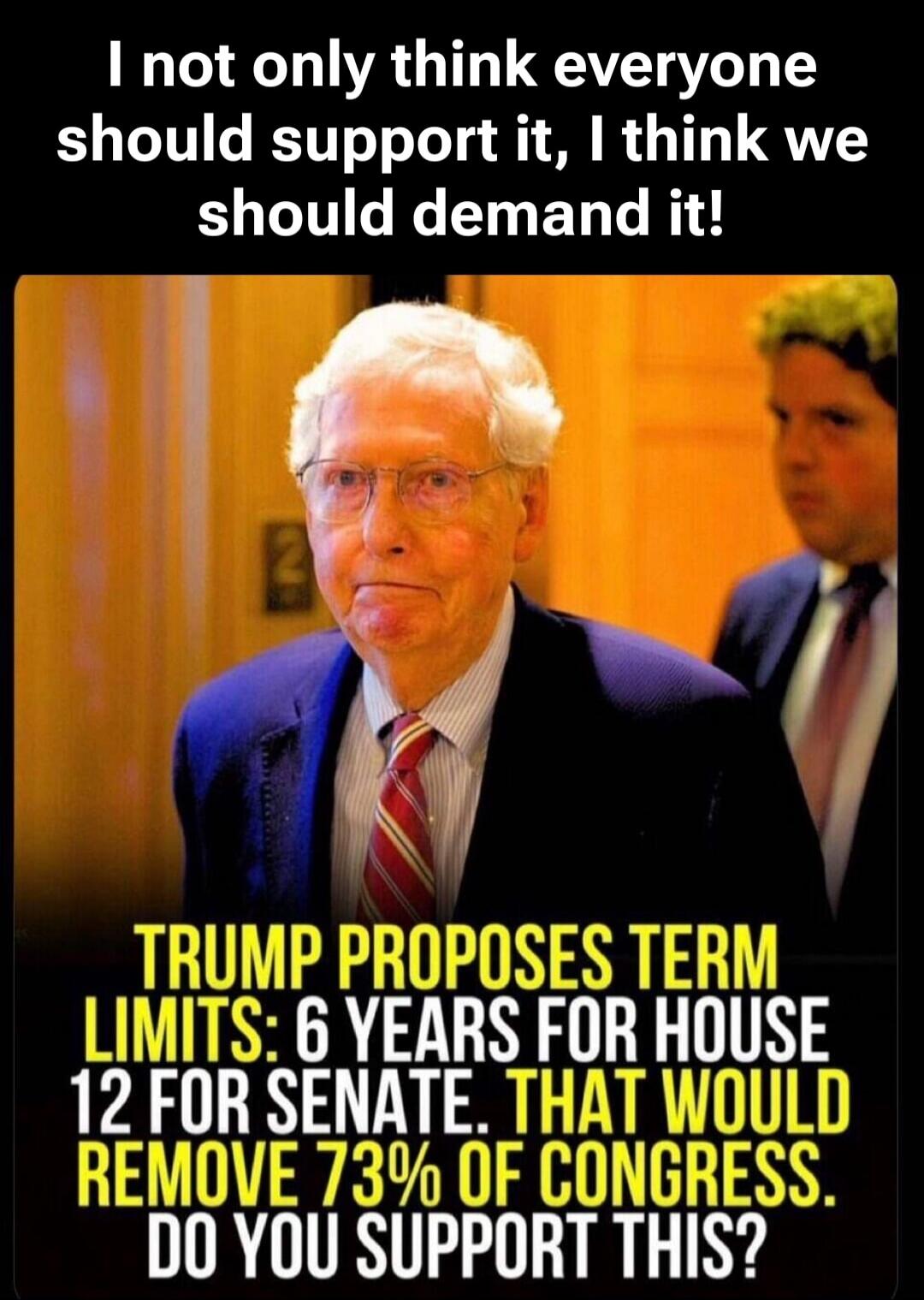 I not only think everyone should support it, I think we should demand it! TRUMP PROPOSES TERM LIMITS: 6 YEARS FOR HOUSE 12 FOR SENATE. THAT WOULD REMOVE 73% OF CONGRESS. DO YOU SUPPORT THIS?