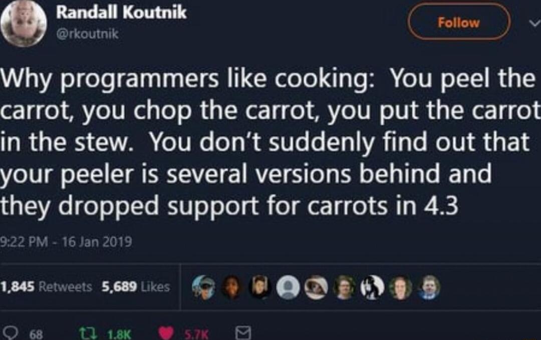 lehmi Follow W oo Why programmers like cooking You peel the carrot you chop the carrot you put the carrot in the stew You dont suddenly find out that VeV g oL TRV RVETSTeT B o T T e B Ty o they dropped support for carrots in 43 1845 5689 LN Te O BN