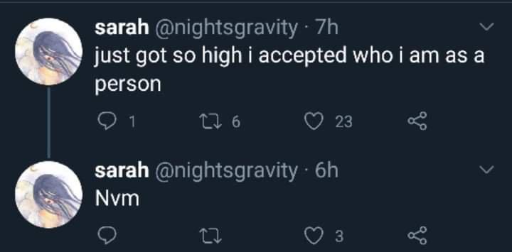 sarah nightsgravity 7h just got so high i accepted whoiam as a person Q1 We QO 23 3 sarah nightsgravity 6h v Nvm Q s Q3 3