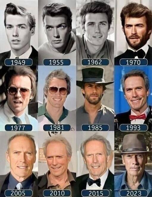 Clint Eastwood's appearance evolution from 1949 to 2023, showing his aging process through various portraits.
