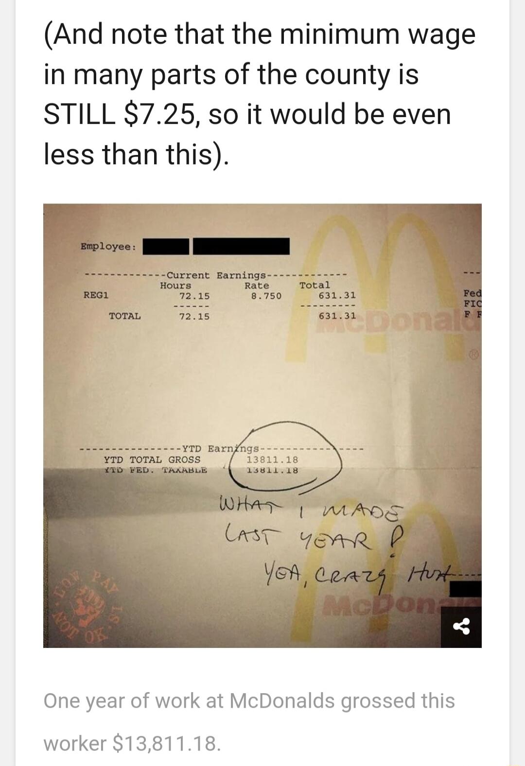 And note that the minimum wage in many parts of the county is STILL 725 so it would be even less than this One year of work at McDonalds grossed this worker 1381118