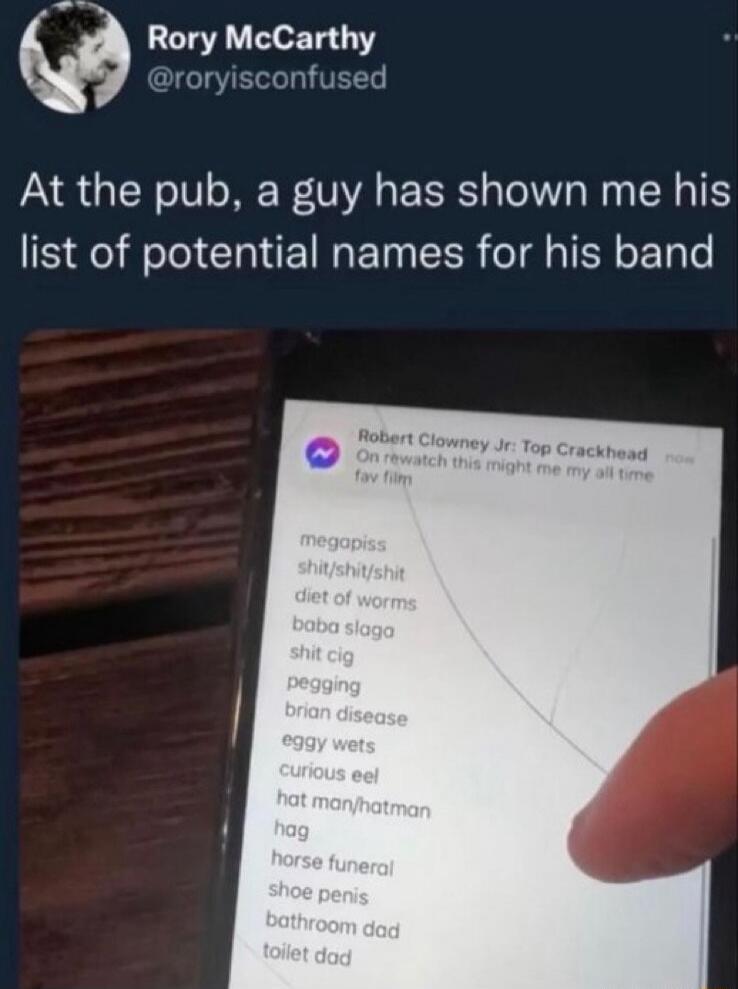 At the pub, a guy has shown me his list of potential names for his band
[image shows a list of vulgar and goofy phrases such as 'shit', 'diet of worms', 'horse funeral', 'toilet dad']