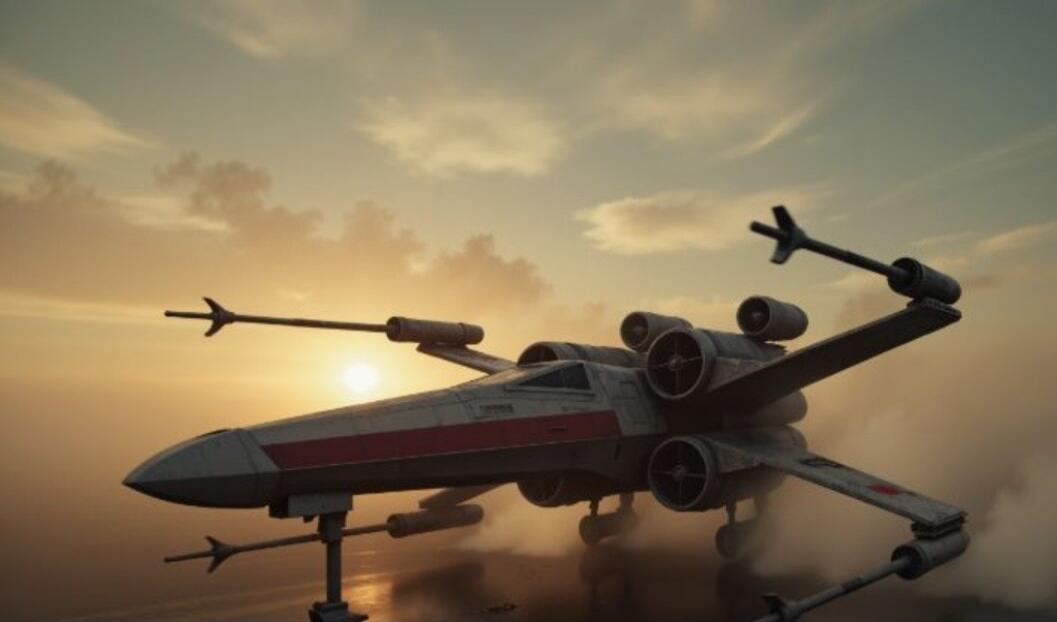 An X-wing fighter flying against a dramatic sunset or sunrise sky.