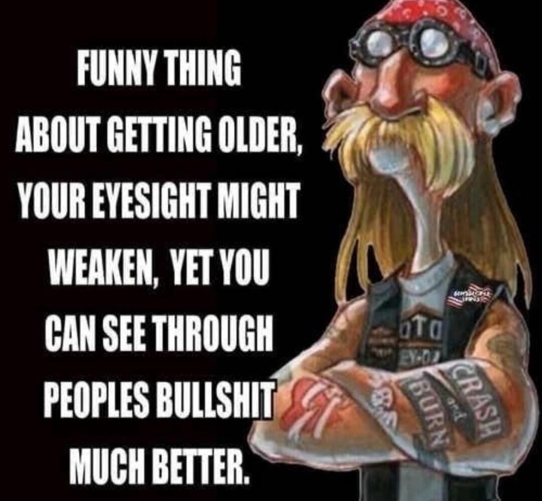 FUNNY THING ABOUT GETTING OLDER, YOUR EYESIGHT MIGHT WEAKEN, YET YOU CAN SEE THROUGH PEOPLES BULLSHIT MUCH BETTER.