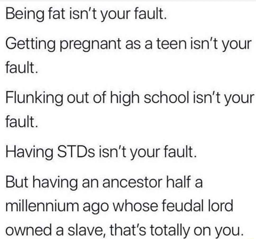 Being fat isnt your fault Getting pregnant as a teenisnt your fault Flunking out of high school isnt your fault Having STDs isnt your fault But having an ancestor half a millennium ago whose feudal lord owned a slave thats totally on you