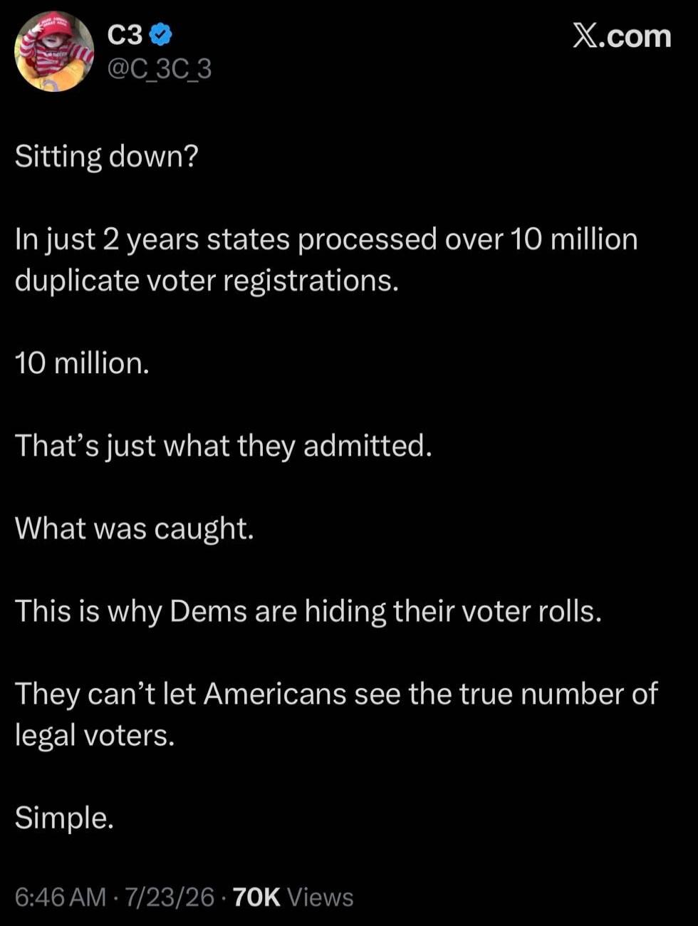 Sitting down? In just 2 years states processed over 10 million duplicate voter registrations. 10 million. That's just what they admitted. What was caught. This is why Dems are hiding their voter rolls. They can't let Americans see the true number of legal voters. Simple.