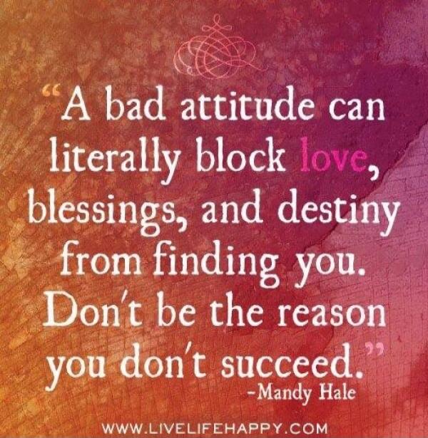 A bad attitude can literally block love, blessings, and destiny from finding you. Don't be the reason you don't succeed. -Mandy Hale WWW.LIVELIFEHAPPY.COM