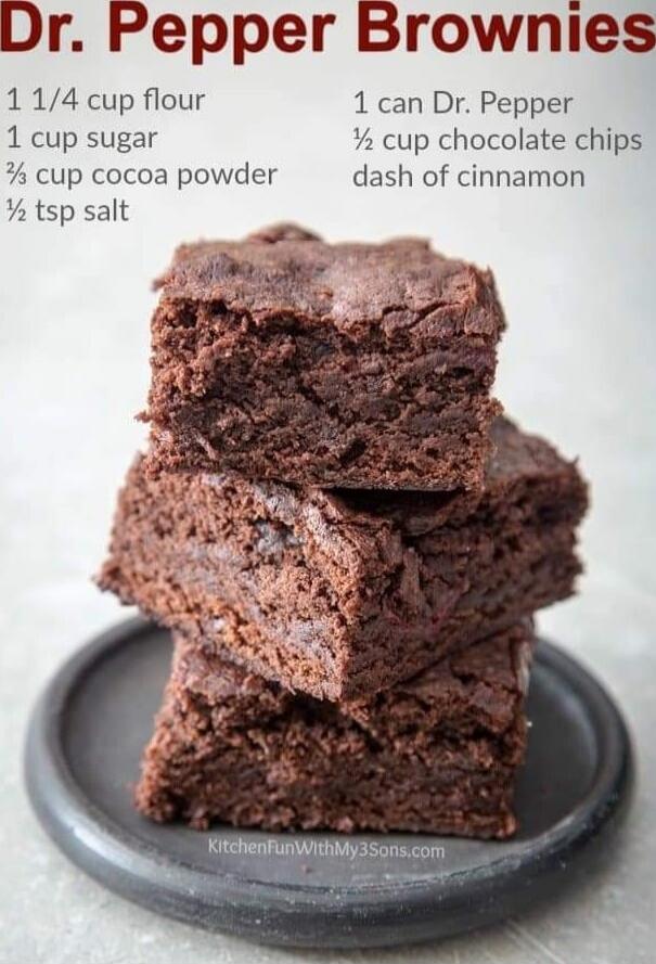 Dr. Pepper Brownies

1 1/4 cup flour
1 cup sugar
3/4 cup cocoa powder
1/2 tsp salt
1 can Dr. Pepper
1/2 cup chocolate chips
dash of cinnamon