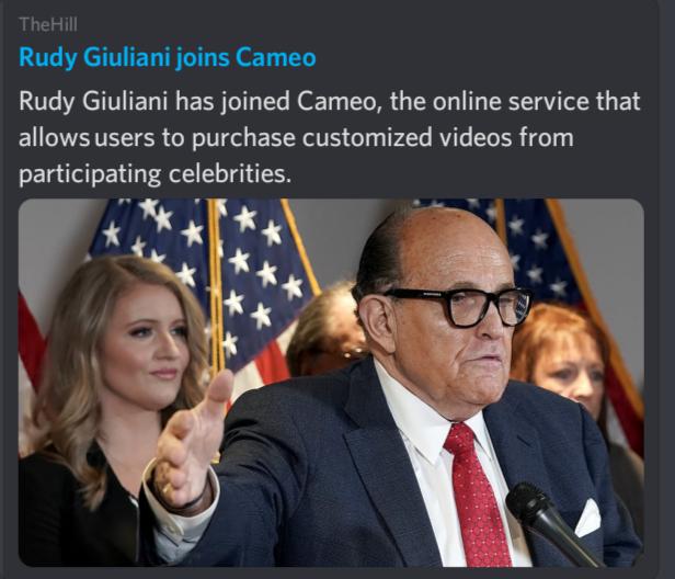 Rudy Giuliani joins Cameo Rudy Giuliani has joined Cameo the online service that allows users to purchase customized videos from participating celebrities