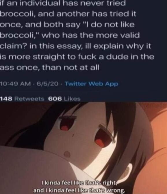 It an individual has never tried broccoli and another has tried it olaleloRr Tale N aTel p F IVAM e oW aTo 1 1 X5 broccoli who has the more valid claim in this essay ill explain why it is more straight to fuck a dude in the ass once than not at all 1049 AM 6620 Twitter Web App 148 Retwests B06 Likes