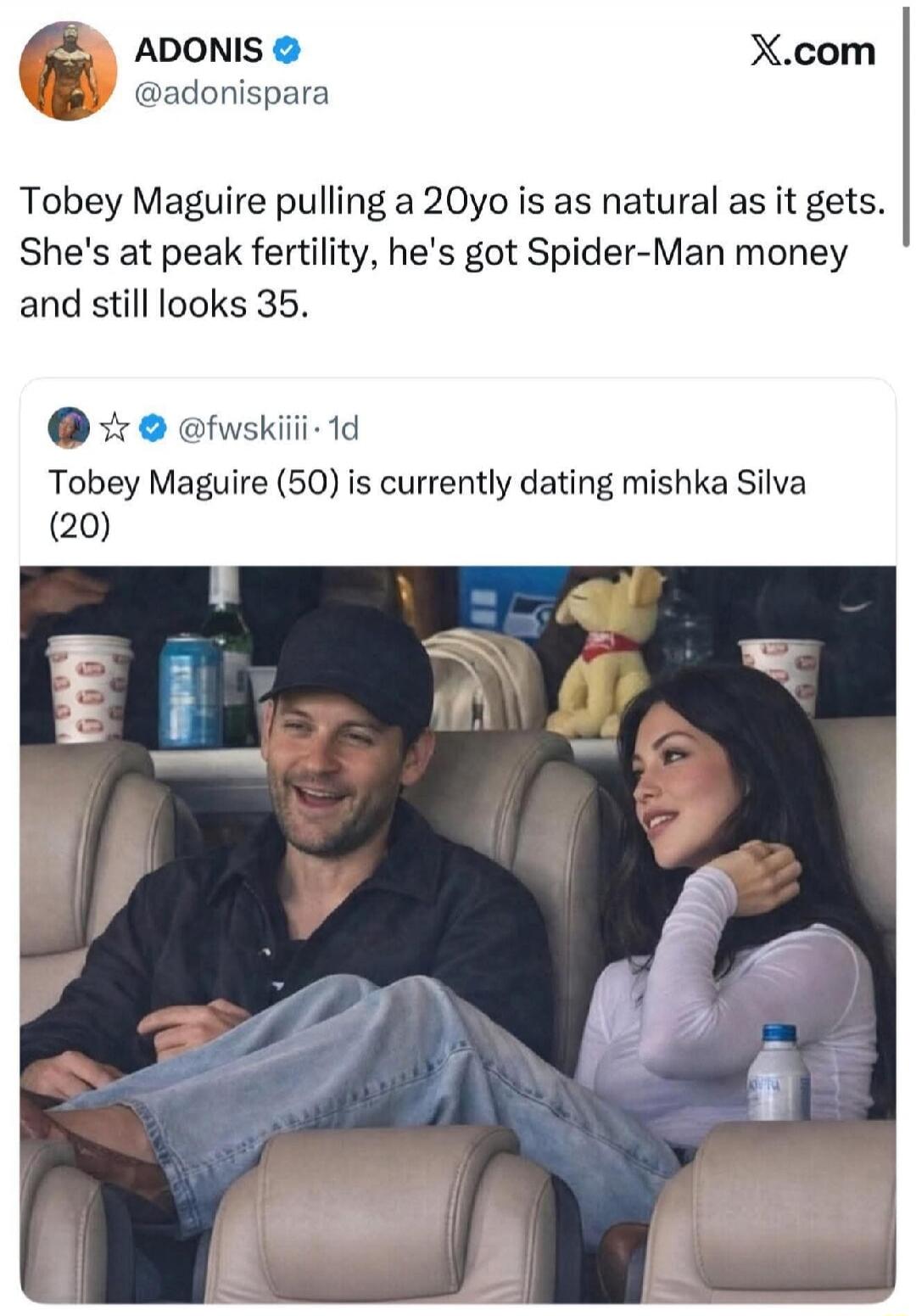 Tobey Maguire pulling a 20yo is as natural as it gets. She's at peak fertility, he's got Spider-Man money and still looks 35. Tobey Maguire (50) is currently dating Mishka Silva (20).