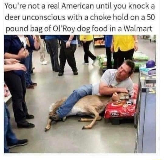 Youre not a real American until you knock a deer unconscious with a choke hold on a 50 pound bag of OlRoy dog food in a Wamar
