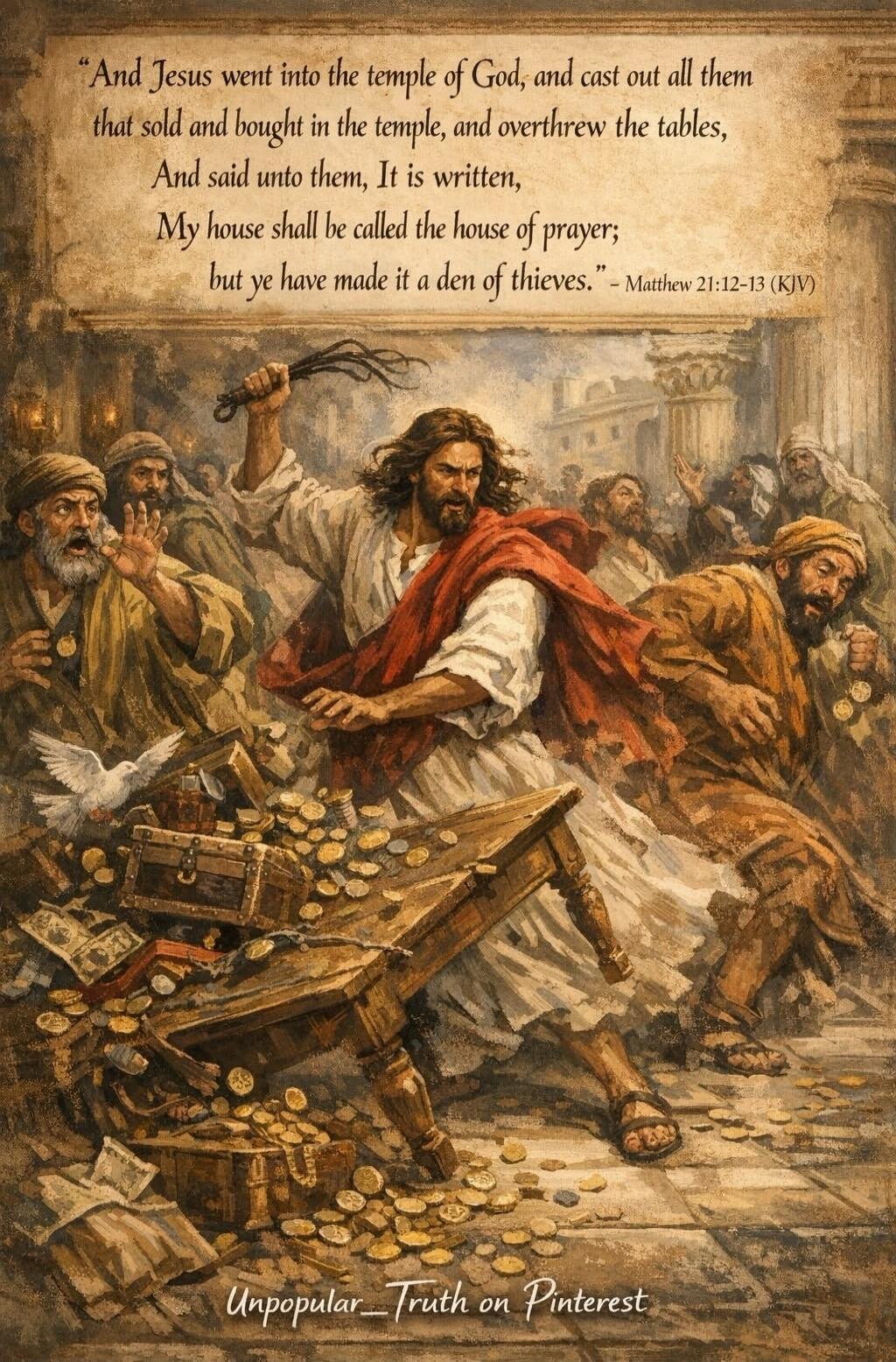 And Jesus went into the temple of God, and cast out all them that sold and bought in the temple, and overthrew the tables, And said unto them, It is written, My house shall be called the house of prayer; but ye have made it a den of thieves. - Matthew 21:12-13 (KJV) Unpopular_Truth on Pinterest