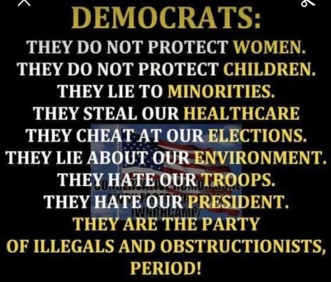 DEMOCRATS: THEY DO NOT PROTECT WOMEN. THEY DO NOT PROTECT CHILDREN. THEY LIE TO MINORITIES. THEY STEAL OUR HEALTHCARE. THEY CHEAT AT OUR ELECTIONS. THEY LIE ABOUT OUR ENVIRONMENT. THEY HATE OUR TROOPS. THEY HATE OUR PRESIDENT. THEY ARE THE PARTY OF ILLEGALS AND OBSTRUCTIONISTS, PERIOD!