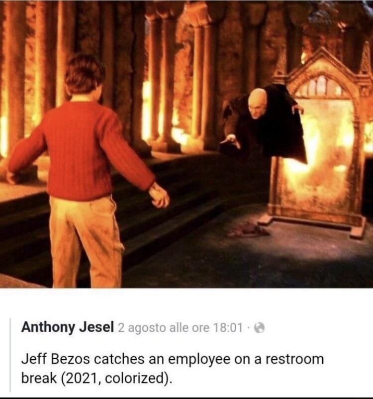 Anthony Jesel Jeff Bezos catches an employee on a restroom break 2021 colorized