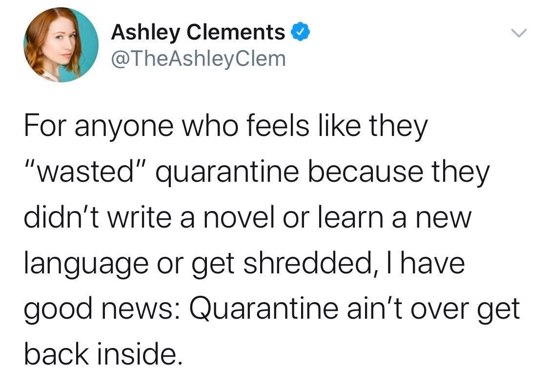 Ashley Clements TheAshleyClem For anyone who feels like they wasted quarantine because they didnt write a novel or learn a new language or get shredded have good news Quarantine aint over get back inside