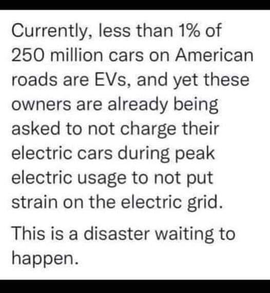 RSB Currently less than 1 of 250 million cars on American roads are EVs and yet these owners are already being asked to not charge their electric cars during peak electric usage to not put strain on the electric grid This is a disaster waiting to happen
