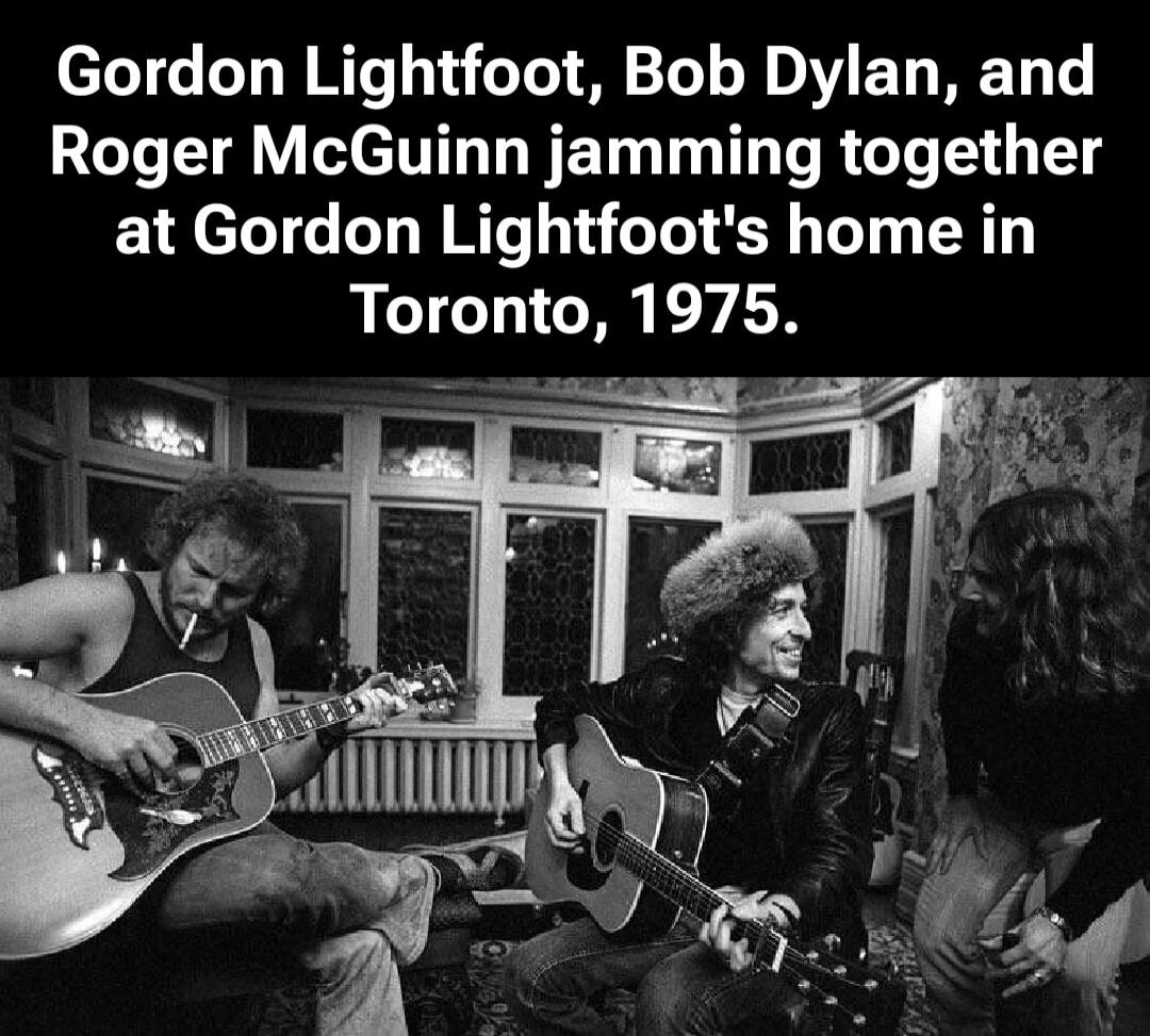 Gordon Lightfoot, Bob Dylan, and Roger McGuinn jamming together at Gordon Lightfoot's home in Toronto, 1975.