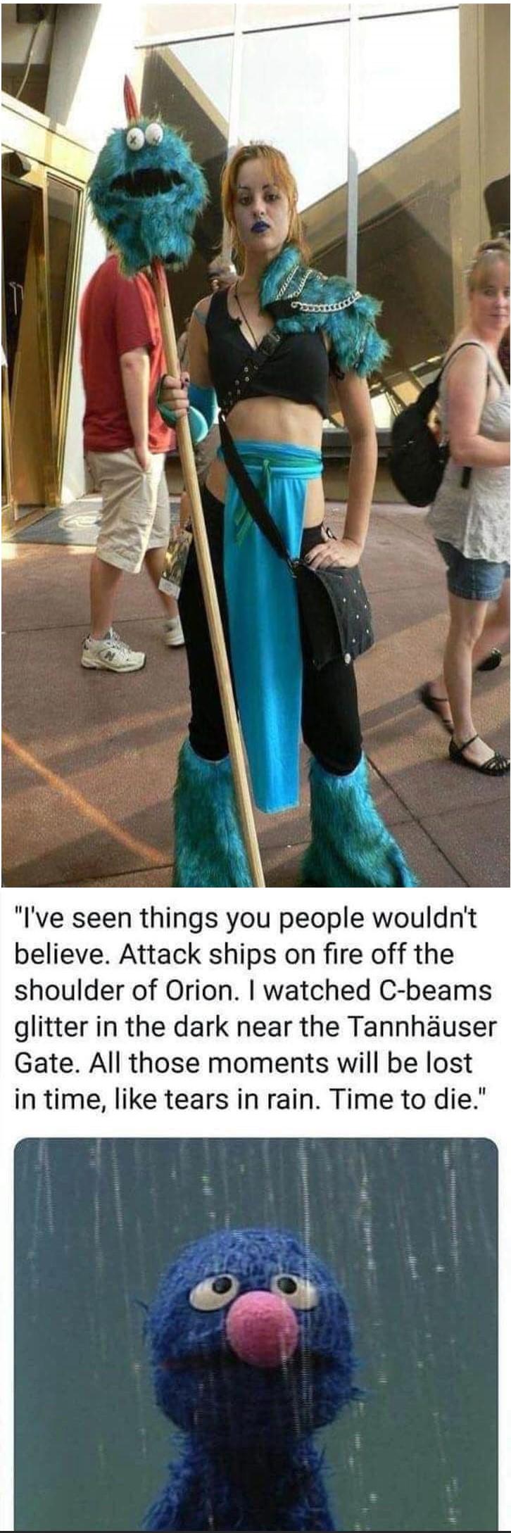 Ive seen things you people wouldnt believe Attack ships on fire off the shoulder of Orion watched C beams glitter in the dark near the Tannhauser Gate All those moments will be lost in time like tears in rain Time to die