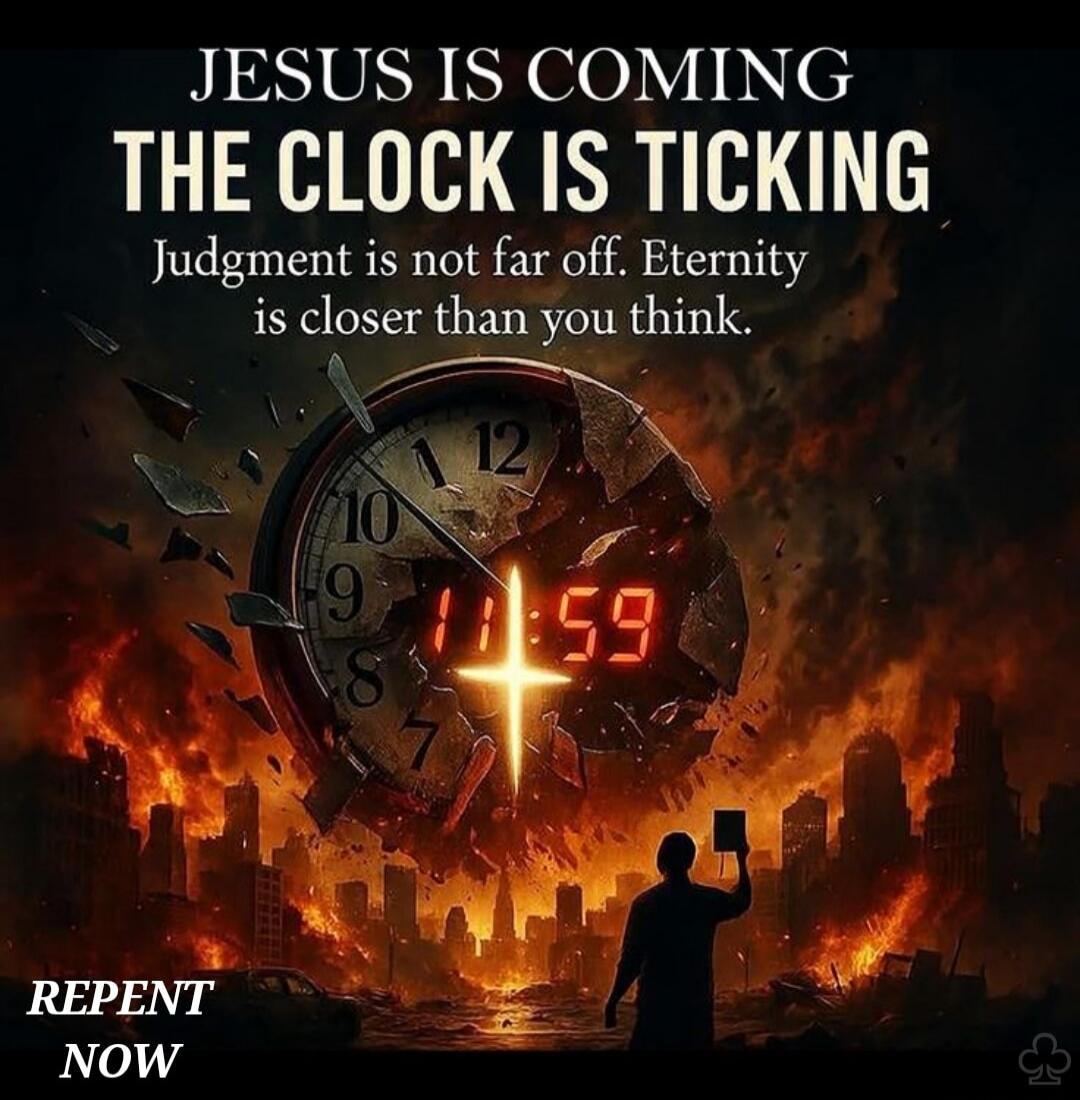 JESUS IS COMING
THE CLOCK IS TICKING
Judgment is not far off. Eternity is closer than you think.
REPENT NOW
