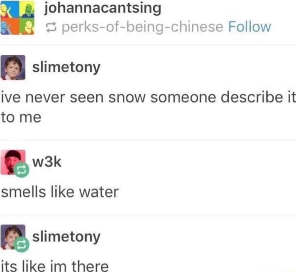 johannacantsing o perks of being chinese Follow slimetony ive never seen snow someone describe it to me w3k smells like water slimetony its like im there