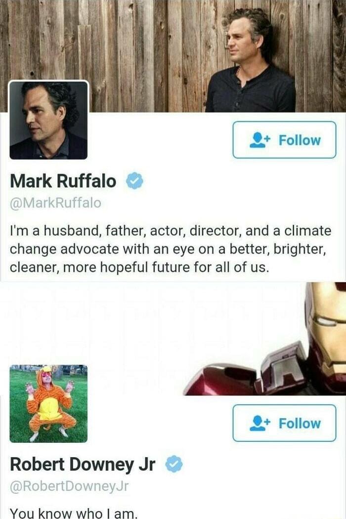Mark Ruffalo Im a husband father actor director and a climate change advocate with an eye on a better brighter cleaner more hopeful future for all of us Robert Downey Jr You know who am