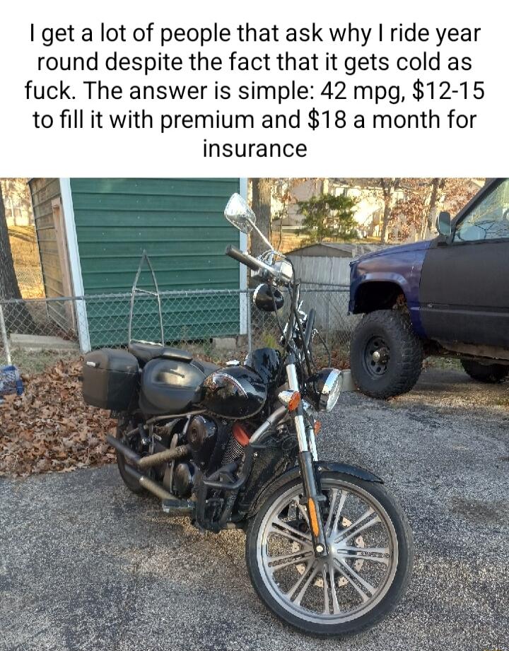 get a lot of people that ask why I ride year round despite the fact that it gets cold as fuck The answer is simple 42 mpg 12 15 to fill it with premium and 18 a month for insurance