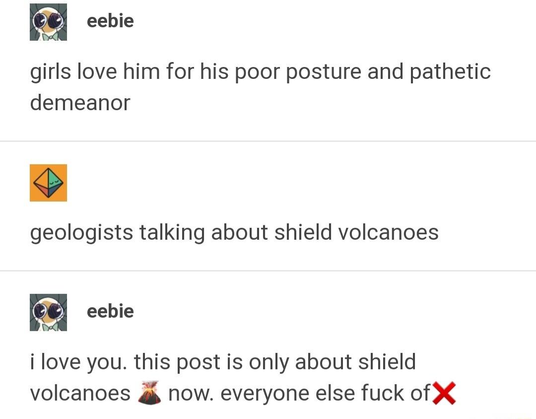 eebie girls love him for his poor posture and pathetic demeanor geologists talking about shield volcanoes eebie ilove you this post is only about shield volcanoes g now everyone else fuck of