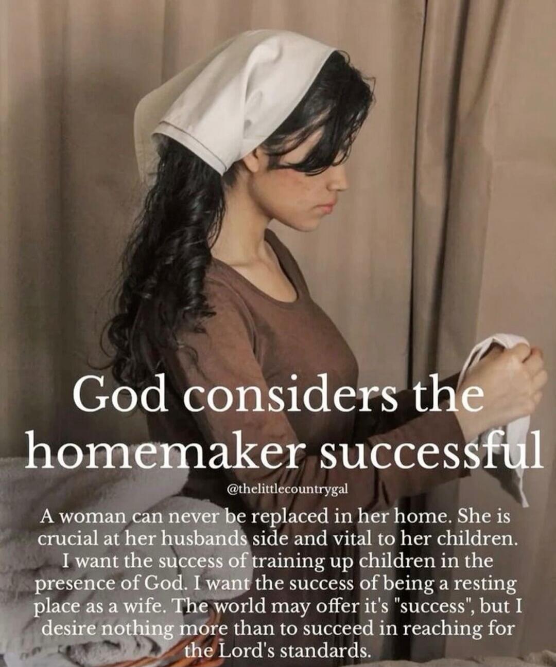 God considers the homemaker successful

@thelittlecountrygal

A woman can never be replaced in her home. She is crucial at her husbands side and vital to her children. I want the success of training up children in the presence of God. I want the success of being a resting place as a wife. The world may offer it's 'success', but I desire nothing mor