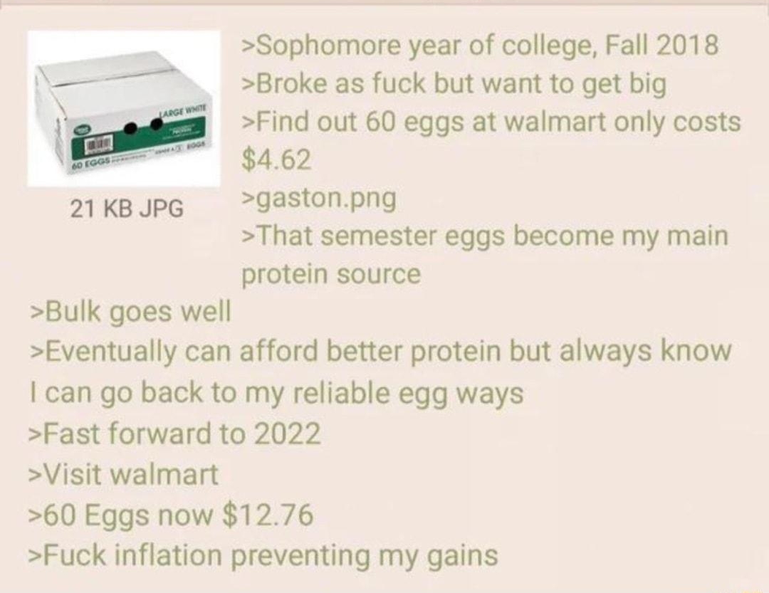 060522Sun152337 No879538671 Sophomore year of college Fall 2018 Broke as fuck but want to get big Find out 60 eggs at walmart only costs 462 21Keups gastonpng That semester eggs become my main protein source Bulk goes well Eventually can afford better protein but always know can go back to my reliable egg ways Fast forward to 2022 Visit walmart 60 Eggs now 1276 Fuck inflation preventing my gains