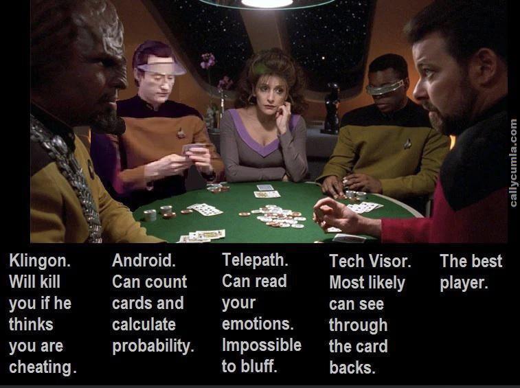 Kiingon Will kill you ifhe thinks youare cheating LULILTE Can count cards and calculate probability Telepath Can read your emotions Impossible to bluff Tech Visor The best Mostlikely player can see through the card backs