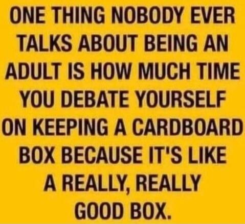 One thing nobody ever talks about being an adult is how much time you debate yourself on keeping a cardboard box because it's like a really, really good box.