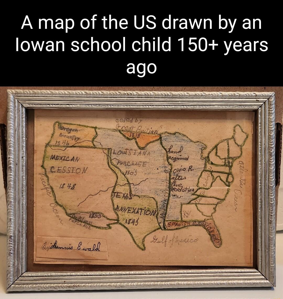 A map of the US drawn by an lowan school child 150 years
