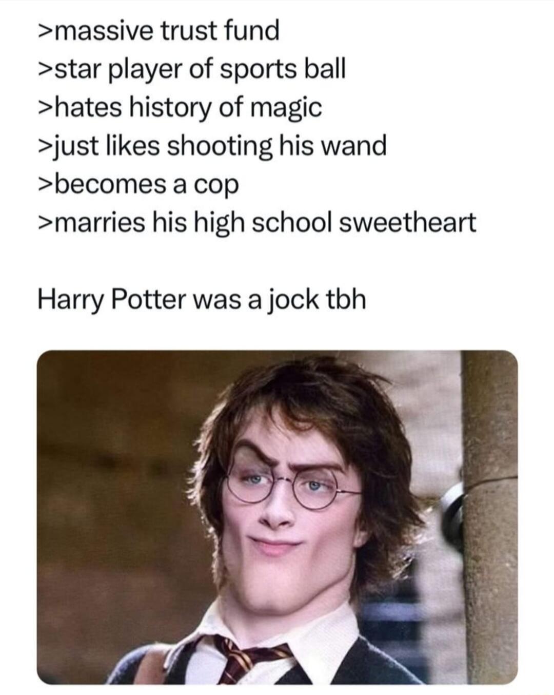 massive trust fund star player of sports ball hates history of magic just likes shooting his wand becomes a cop marries his high school sweetheart Harry Potter was a jock tbh