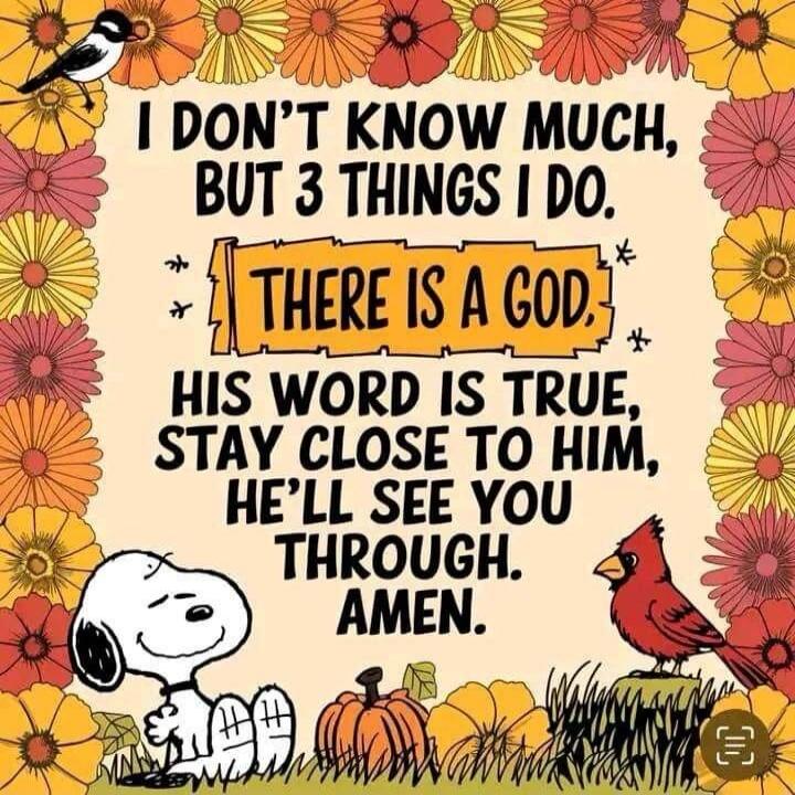 I DON'T KNOW MUCH, BUT 3 THINGS I DO. THERE IS A GOD. HIS WORD IS TRUE. STAY CLOSE TO HIM, HE'LL SEE YOU THROUGH. AMEN.