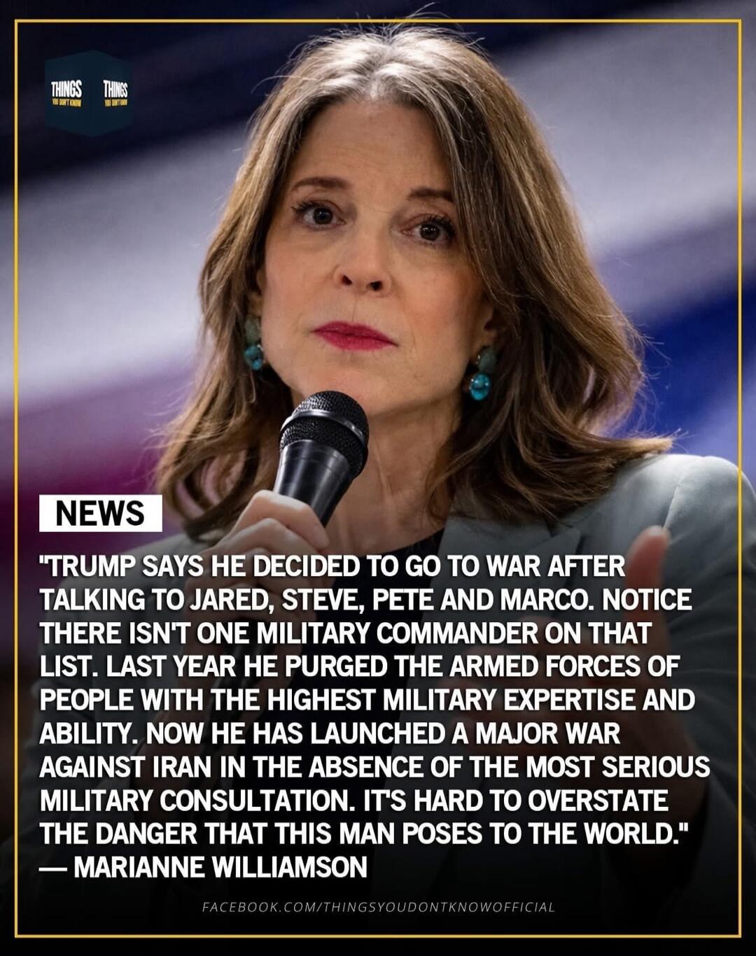 NEWS: Trump says he decided to go to war after talking to Jared, Steve, Pete and Marco. Notice there isn't one military commander on that list. Last year he purged the armed forces of people with the highest military expertise and ability. Now he has launched a major war against Iran in the absence of the most serious military consultation. It's ha