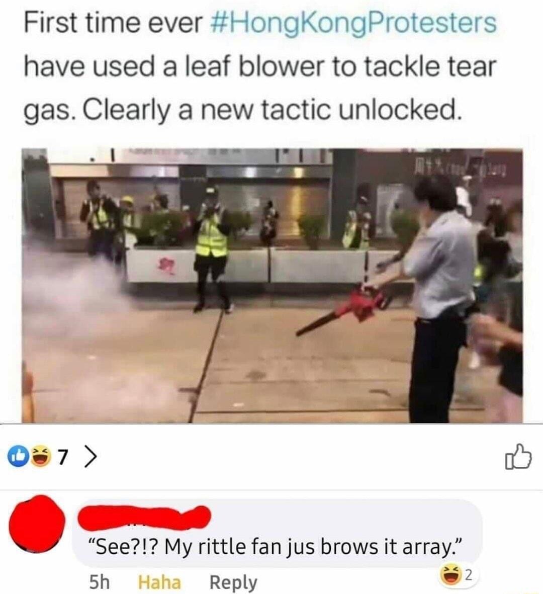 First time ever HongKongProtesters have used a leaf blower to tackle tear gas Clearly a new tactic unlocked W Seel My rittle fan jus brows it array 5h Reply o2