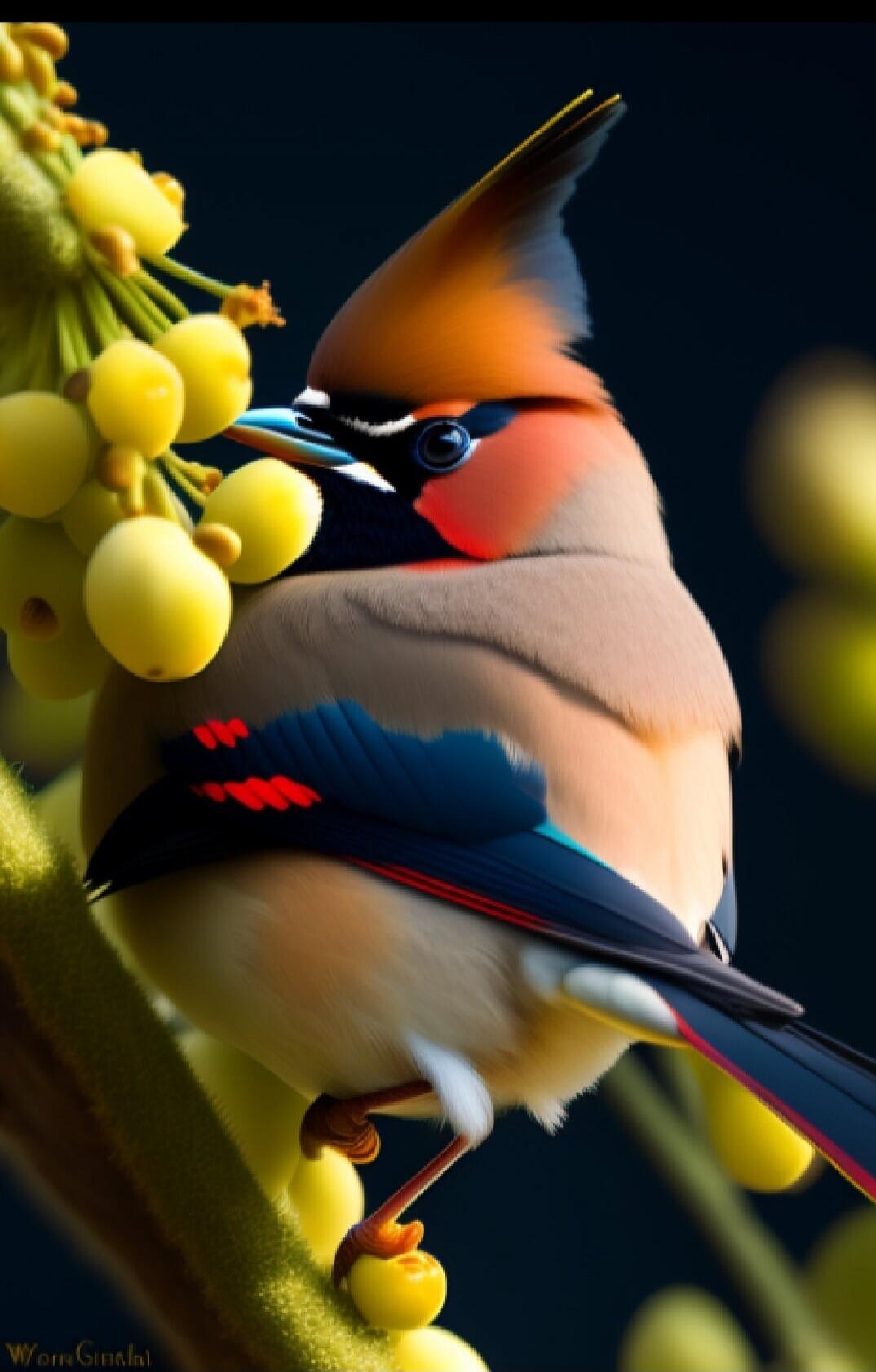 A colorful bird perched on a cluster of grapes.