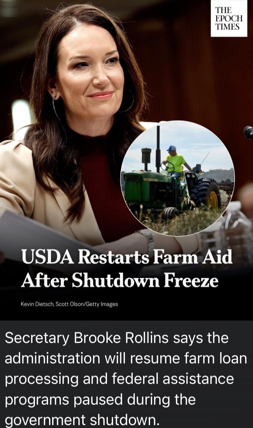 USDA Restarts Farm Aid After Shutdown Freeze
The Epoch Times
Secretary Brooke Rollins says the administration will resume farm loan processing and federal assistance programs paused during the government shutdown.