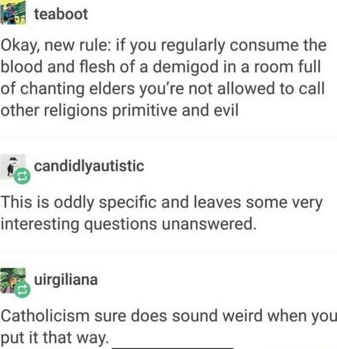 teaboot Okay new rule if you regularly consume the blood and flesh of a demigod in a room full of chanting elders youre not allowed to call other religions primitive and evil go candidlyautistic This is oddly specific and leaves some very interesting questions unanswered uirgiliana Catholicism sure does sound weird when you put it that way