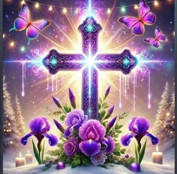 Cross with glowing purple flowers and butterflies in a snowy scene with candles.